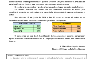 Resultados del sorteo de los tres lotes de libros de la encuesta de satisfacción de las familias