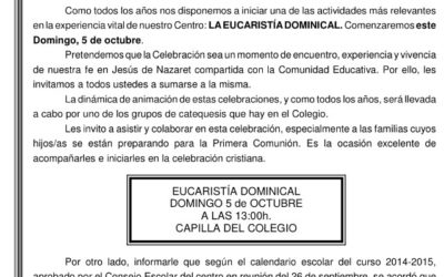 Circular dirigida a Padres: Comienzo de las Eucaristías Dominicales