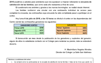 Resultados del sorteo de los tres lotes de libros de la encuesta de satisfacción de las familias 2015