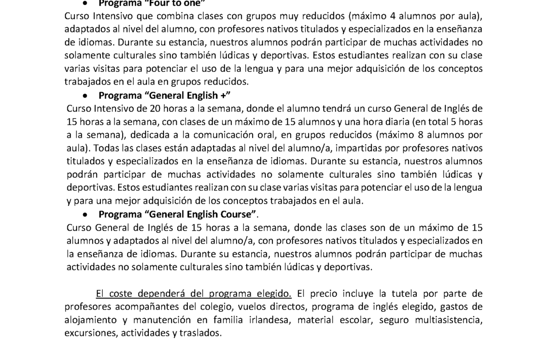 Circular informativa sobre el curso de inmersión lingüística en Irlanda en el mes de julio