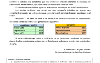 Resultados del sorteo de los tres lotes de libros de la encuesta de satisfacción de las familias