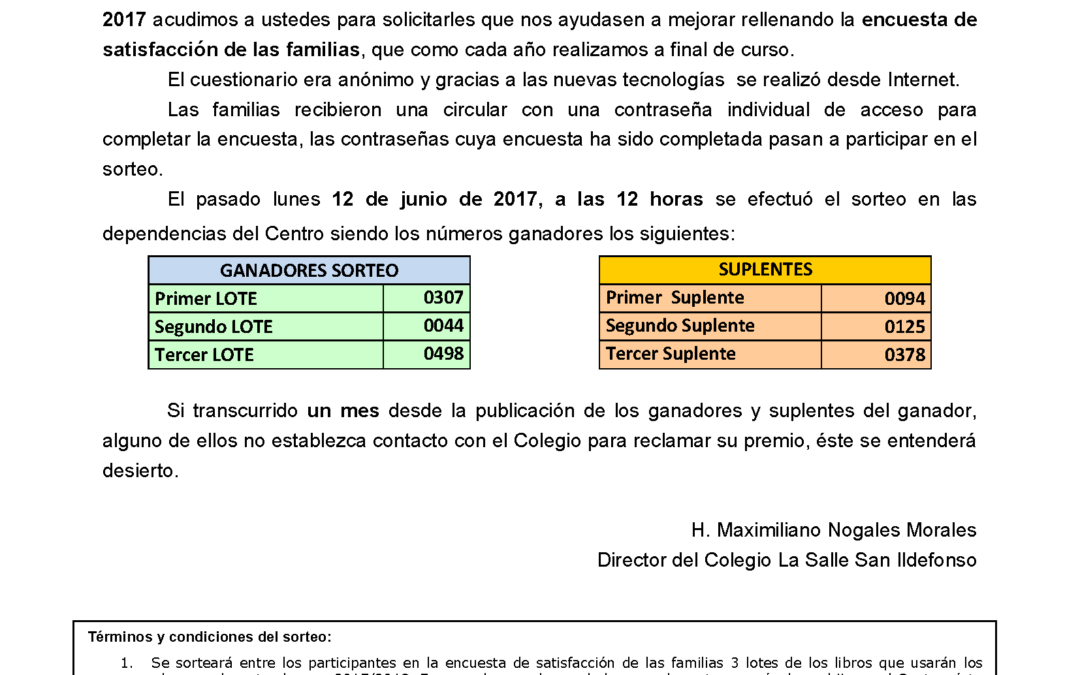 Resultados del sorteo de los tres lotes de libros de la encuesta de satisfacción de las familias