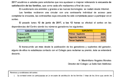 Resultados del sorteo de los tres lotes de libros de la encuesta de satisfacción de las familias