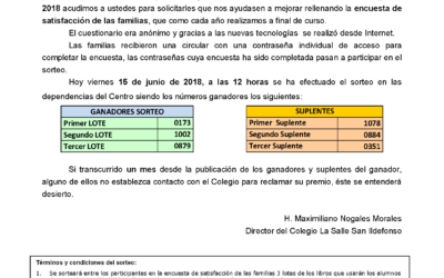 Resultados del sorteo de los tres lotes de libros de la encuesta de satisfacción de las familias