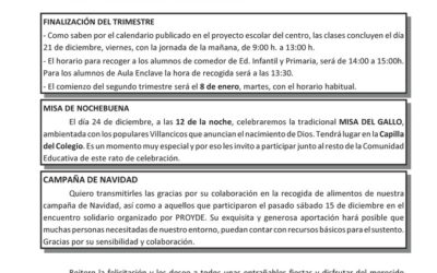 Circular dirigida a Padres con motivo de las Fiestas de Navidad