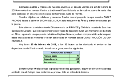 Números premiados en el sorteo de 3 cestas del Comercio Justo en la rifa de la Cena Solidaria a beneficio de Proyde