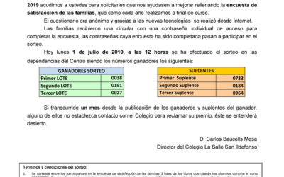 Resultados del sorteo de los tres lotes de libros de la encuesta de satisfacción de las familias