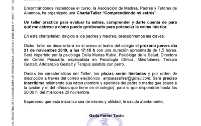 Charla/Taller «Comprendiendo mi estrés» organizado por el AMPA próximo jueves día 21 de noviembre 2019, a las 17:15h