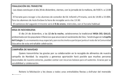 Circular dirigida a Padres con motivo de las Fiestas de Navidad y fin de trimestre