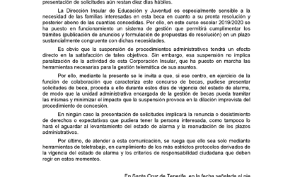 Comunicación del Cabildo Insular de Tenerife en relación al procedimiento de solicitudes de becas de Educación Especial durante el estado de alarma