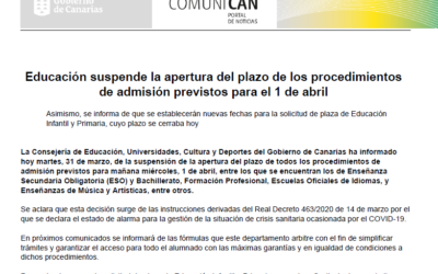 La Consejería de Educación suspende la apertura del plazo de los procedimientos de admisión previstos para hoy, 1 de abril