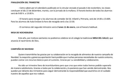 Circular dirigida a Padres con motivo de las Fiestas de Navidad y fin de trimestre