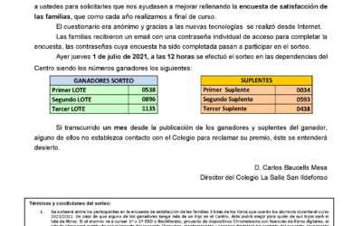 Resultados del sorteo de los tres lotes de libros de la encuesta de satisfacción de las familias