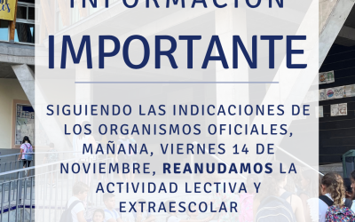 Se reanuda la actividad lectiva y extraescolar para mañana viernes 14 de noviembre