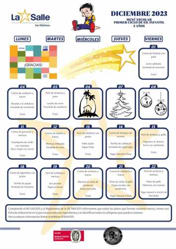 MENÚ 1er CICLO DE INFANTIL 2 AÑOS DICIEMBRE 2023