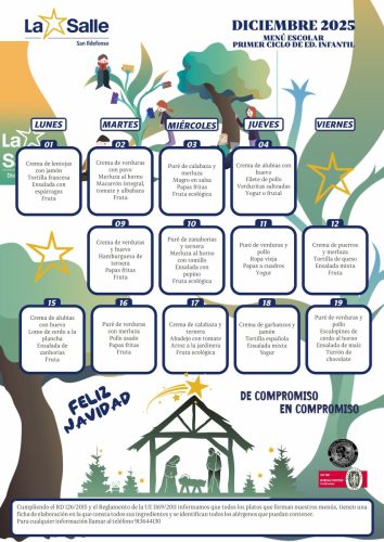 Menú escolar Primer Ciclo de Infantil - diciembre 2025